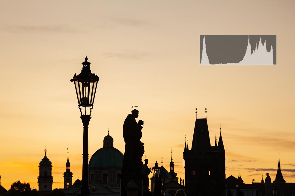 Dawn on Charles Bridge in Prague. Histogram for a silhouetted image.